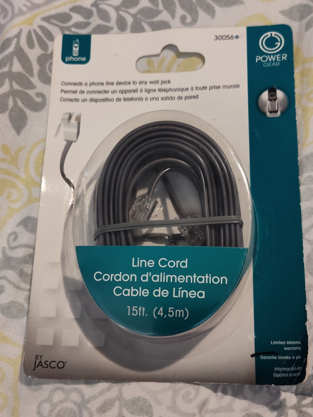 NWT! Gray Telephone Line Cord 15ft by Jasco